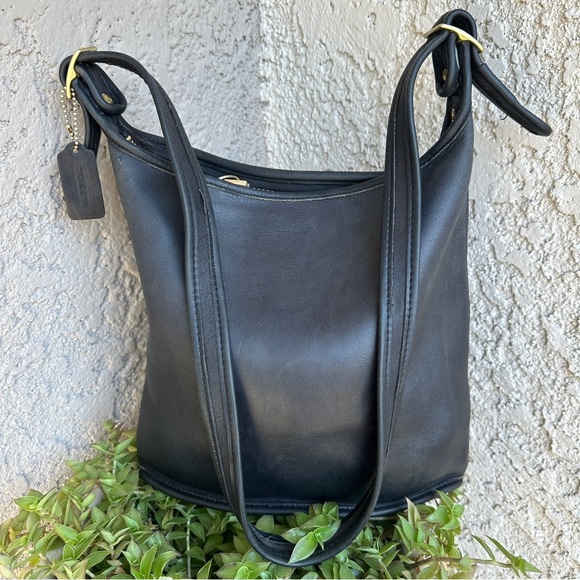 VINTAGE COACH Slim Duffle Shoulder Sac Crossbody Bag in Black Leather #5722 RARE - Picture 3 of 11